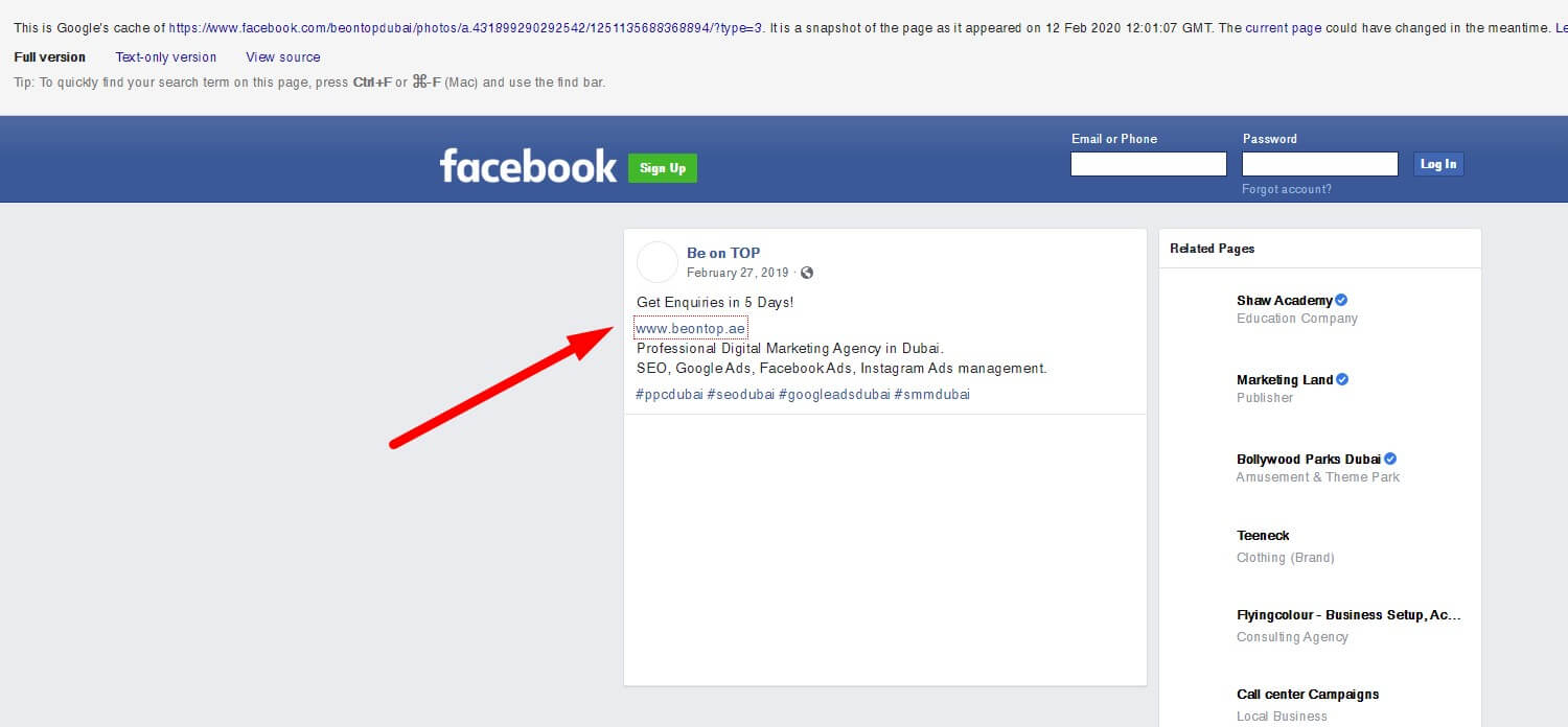 Google Cache of Facebook Post with Backlink
